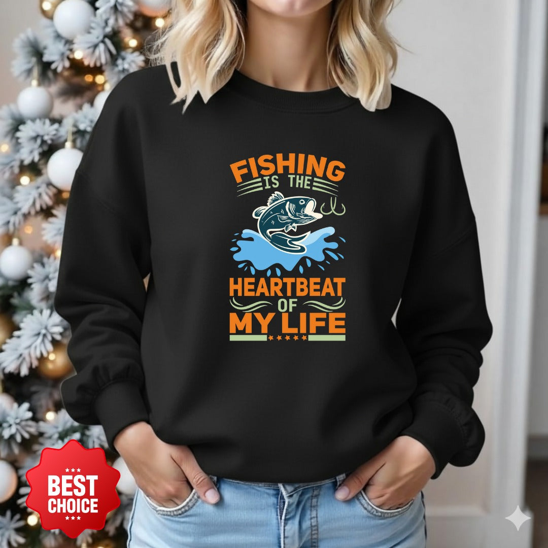 Fishing Is the Heartbeat of My Life Sweatshirt, Crewneck Pullover, Fisherman Gift, Retro Angler Apparel, Outdoor Ocean Fishing Crewneck