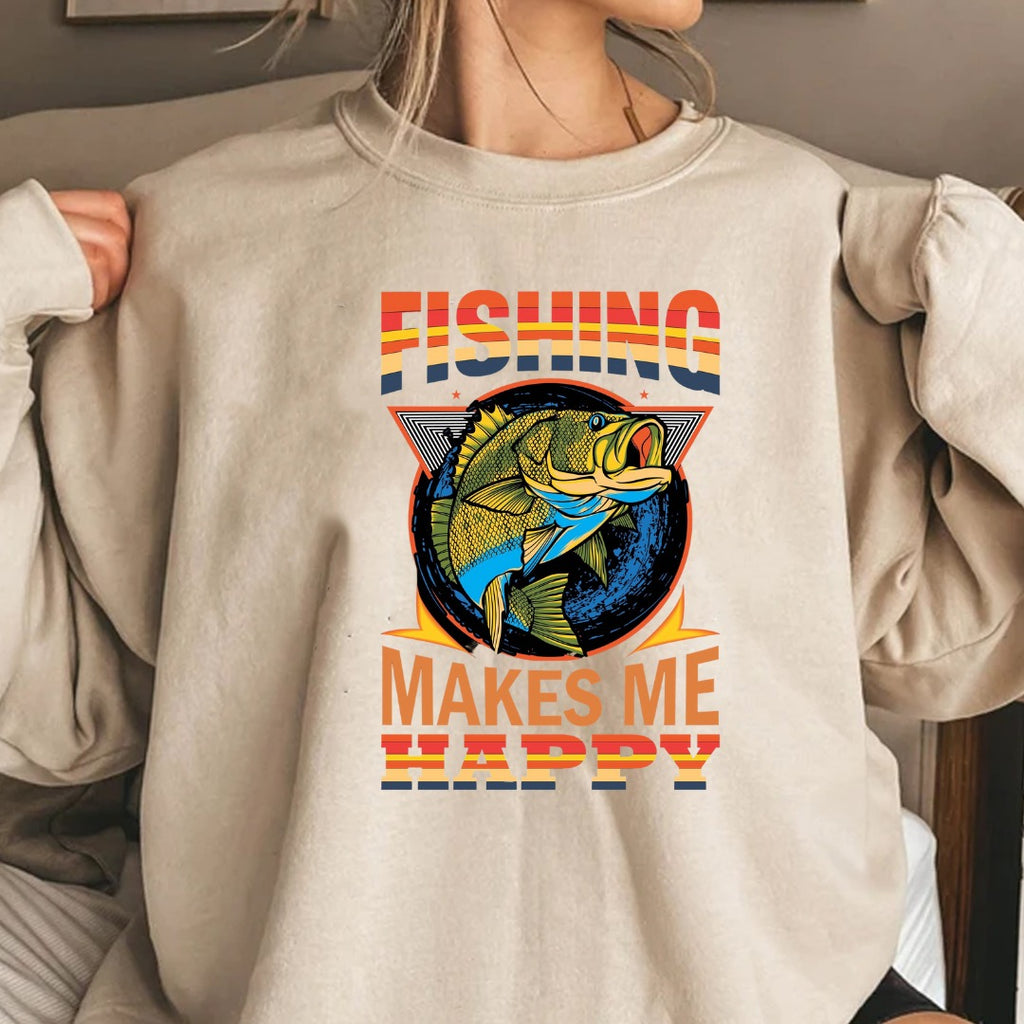 Fishing Makes Me Happy Sweatshirt, Retro Bass Graphic Crewneck, Fisherman Gift, Outdoor Angler Pullover, Retro Ocean Fishing Apparel