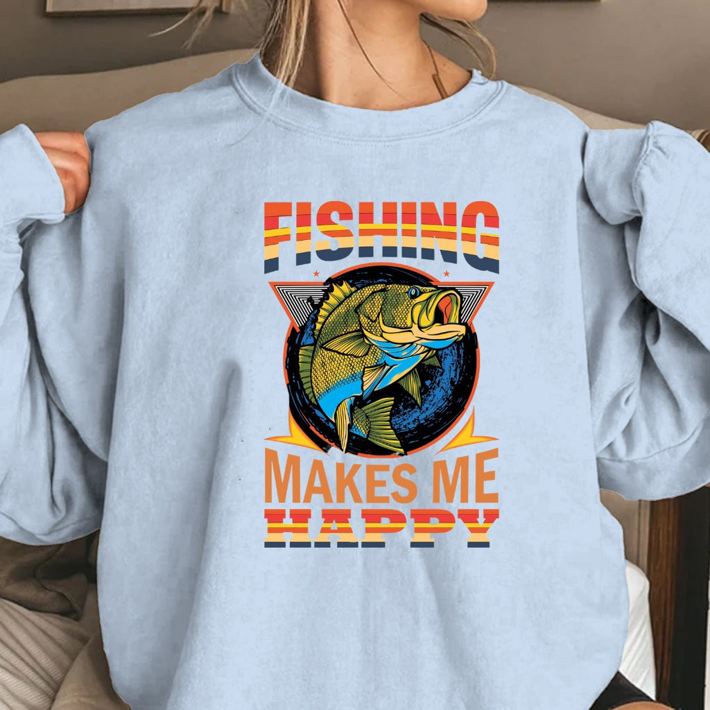 Fishing Makes Me Happy Sweatshirt, Retro Bass Graphic Crewneck, Fisherman Gift, Outdoor Angler Pullover, Retro Ocean Fishing Apparel