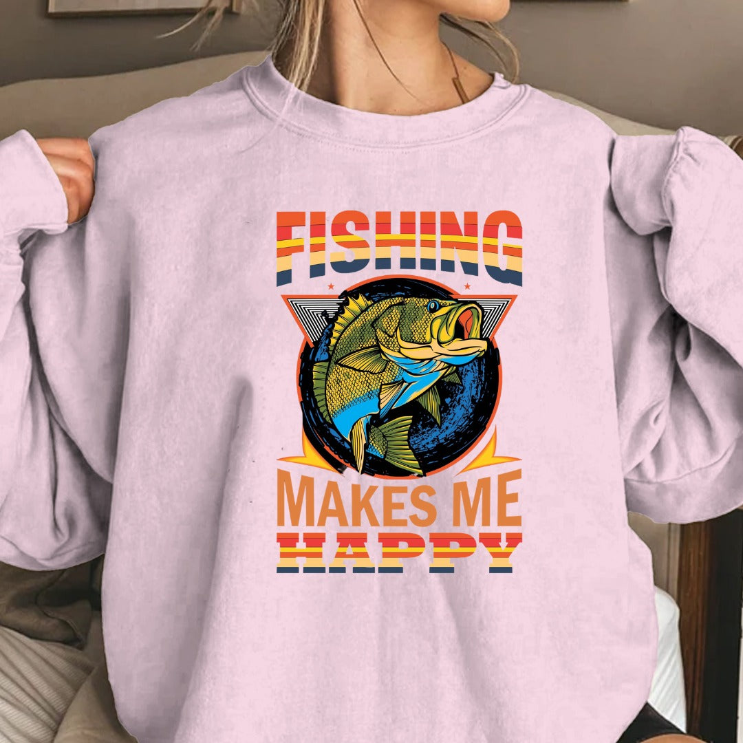 Fishing Makes Me Happy Sweatshirt, Retro Bass Graphic Crewneck, Fisherman Gift, Outdoor Angler Pullover, Retro Ocean Fishing Apparel
