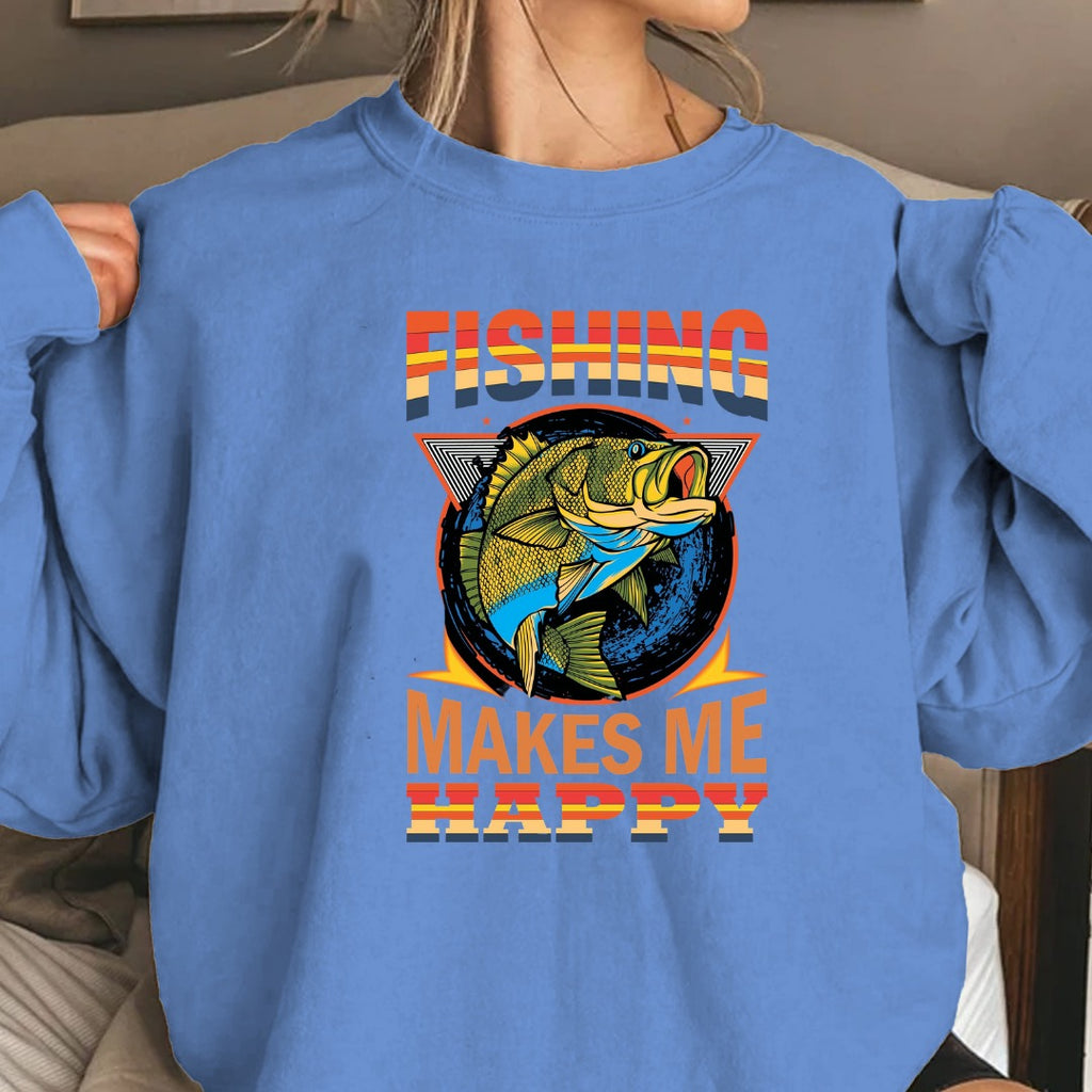 Fishing Makes Me Happy Sweatshirt, Retro Bass Graphic Crewneck, Fisherman Gift, Outdoor Angler Pullover, Retro Ocean Fishing Apparel