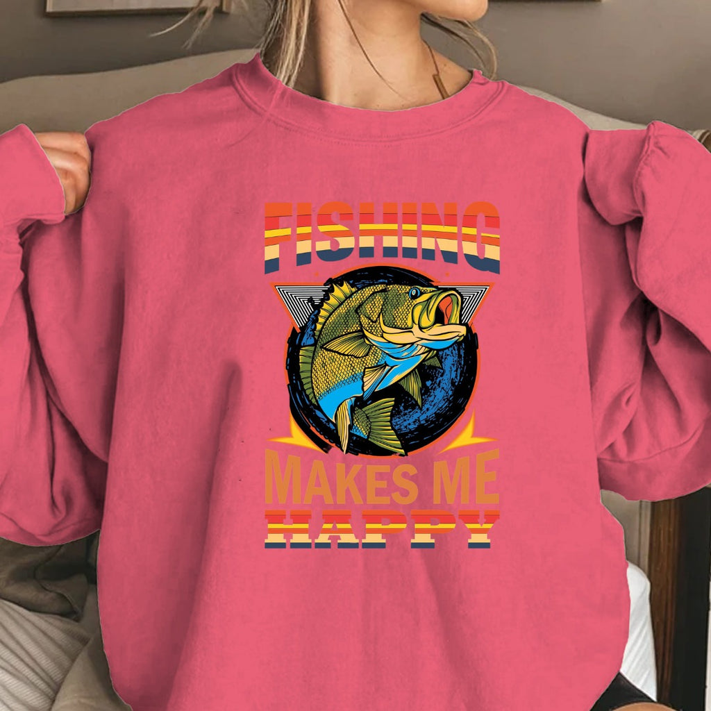Fishing Makes Me Happy Sweatshirt, Retro Bass Graphic Crewneck, Fisherman Gift, Outdoor Angler Pullover, Retro Ocean Fishing Apparel