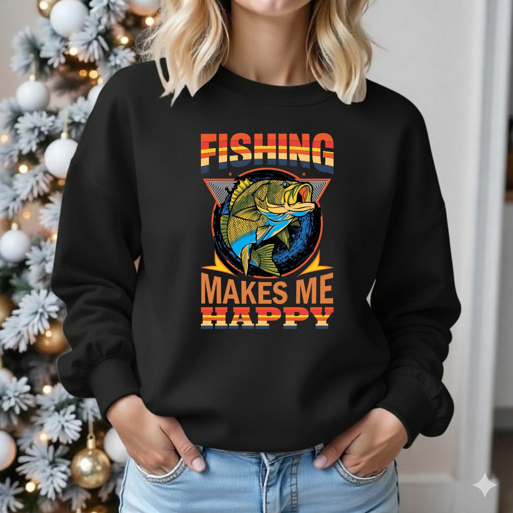 Fishing Makes Me Happy Sweatshirt, Retro Bass Graphic Crewneck, Fisherman Gift, Outdoor Angler Pullover, Retro Ocean Fishing Apparel