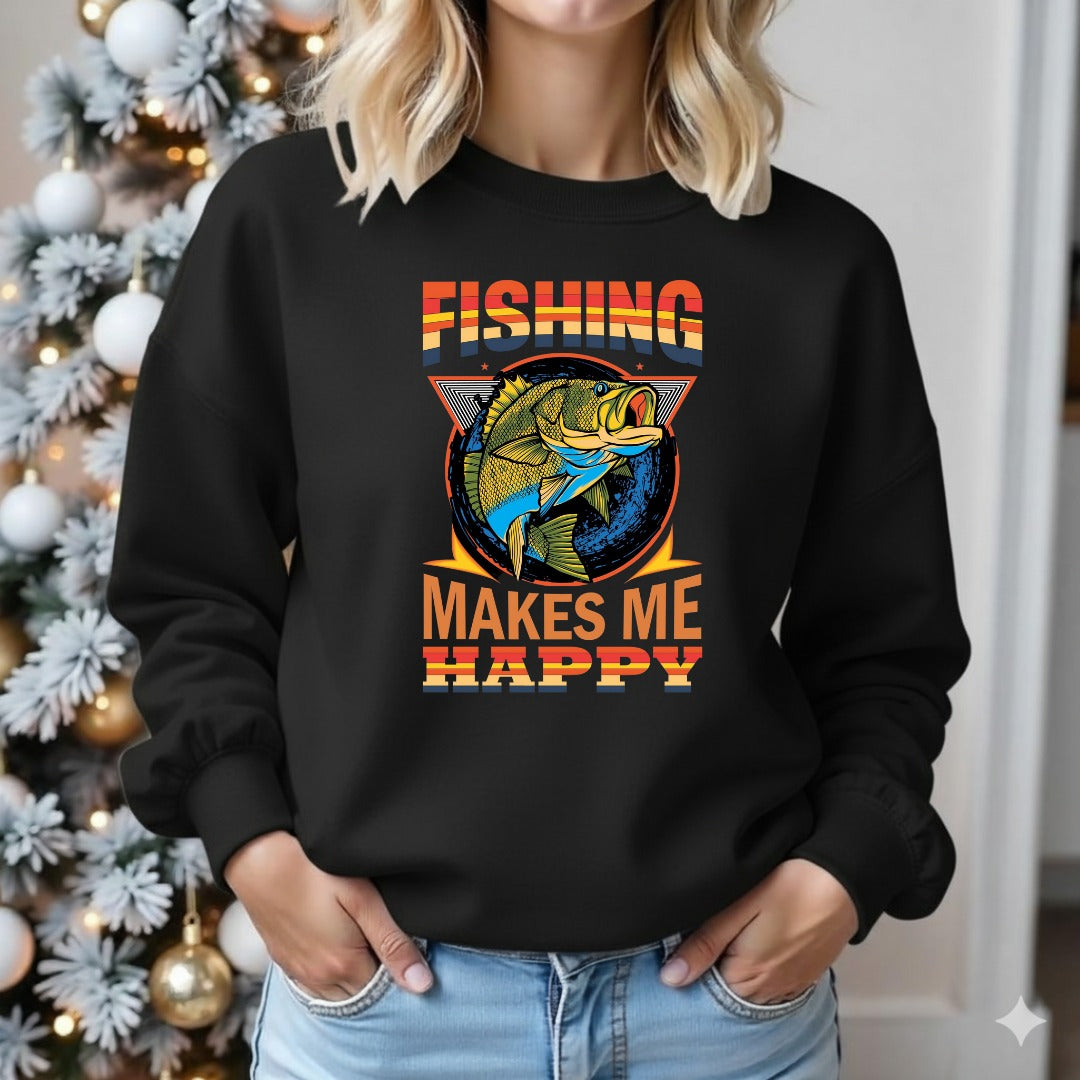 Fishing Makes Me Happy Sweatshirt, Retro Bass Graphic Crewneck, Fisherman Gift, Outdoor Angler Pullover, Retro Ocean Fishing Apparel