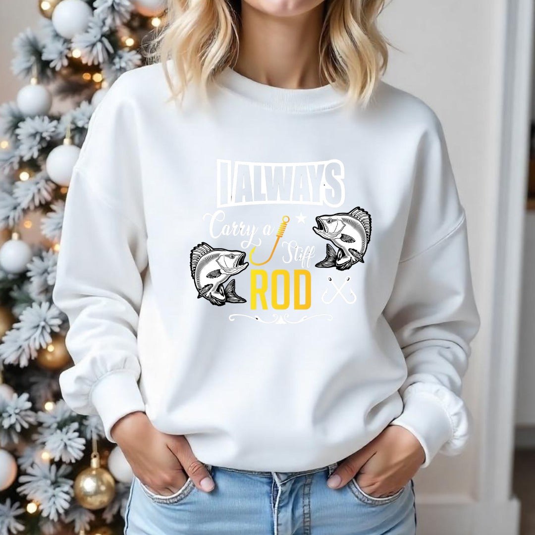 Fishing Rod Crewneck Sweatshirt, Rod Graphic with Bass Illustration, Fisherman Gift, Retro Angler Pullover, Outdoor Bass Fishing Apparel