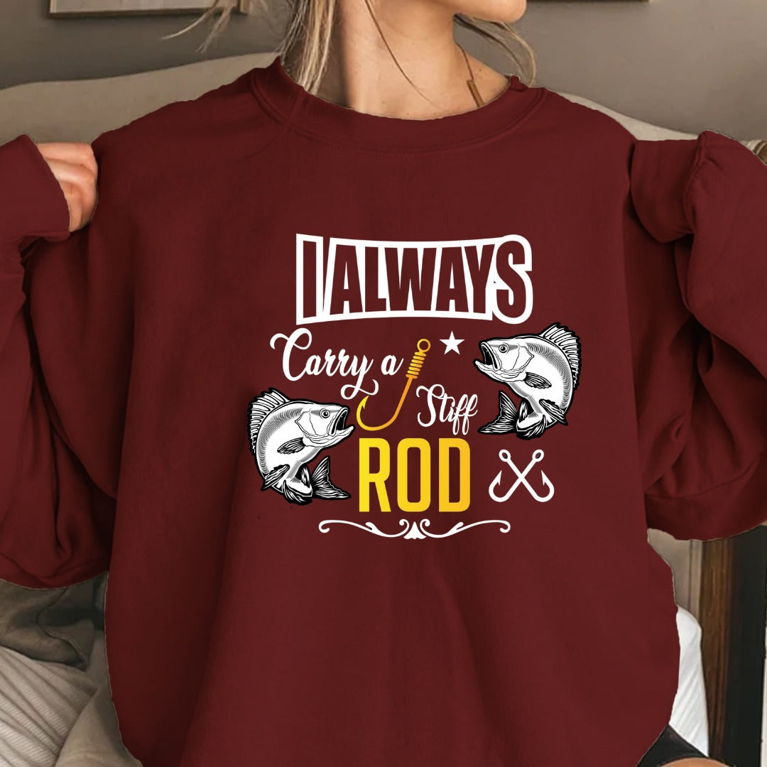 Fishing Rod Crewneck Sweatshirt, Rod Graphic with Bass Illustration, Fisherman Gift, Retro Angler Pullover, Outdoor Bass Fishing Apparel