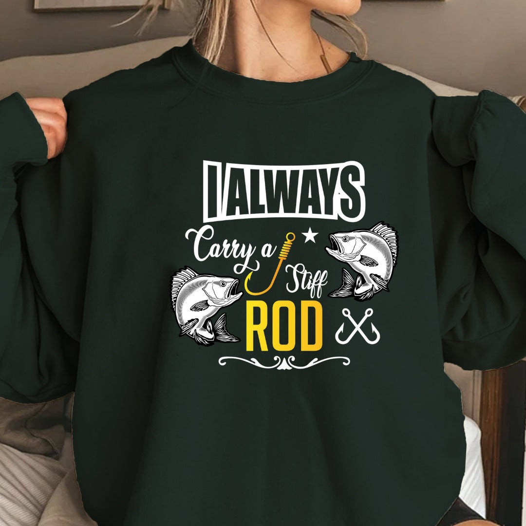 Fishing Rod Crewneck Sweatshirt, Rod Graphic with Bass Illustration, Fisherman Gift, Retro Angler Pullover, Outdoor Bass Fishing Apparel