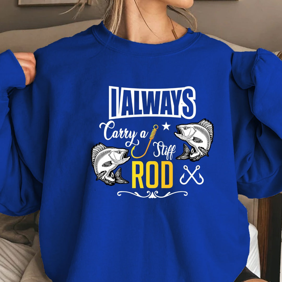 Fishing Rod Crewneck Sweatshirt, Rod Graphic with Bass Illustration, Fisherman Gift, Retro Angler Pullover, Outdoor Bass Fishing Apparel