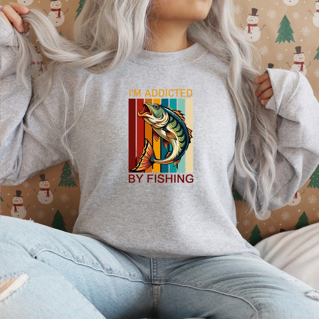 I’m Addicted By Fishing Crewneck Sweatshirt, Retro Bass Design Pullover, Fisherman Gift, Outdoor Angler Apparel, Retro Fishing Crewneck