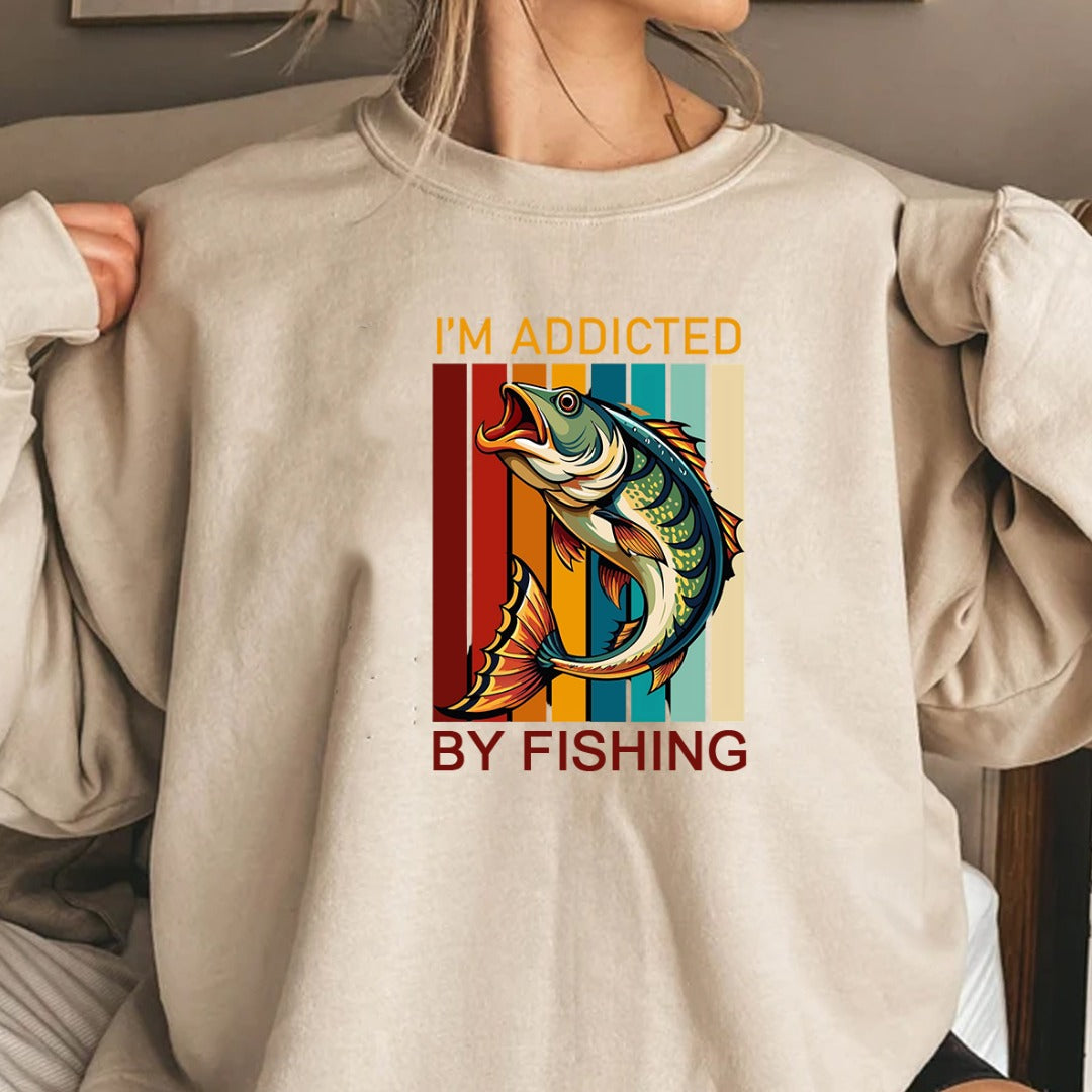 I’m Addicted By Fishing Crewneck Sweatshirt, Retro Bass Design Pullover, Fisherman Gift, Outdoor Angler Apparel, Retro Fishing Crewneck