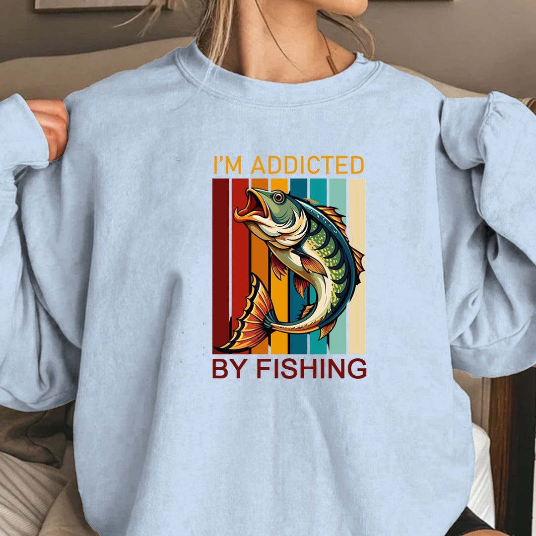 I’m Addicted By Fishing Crewneck Sweatshirt, Retro Bass Design Pullover, Fisherman Gift, Outdoor Angler Apparel, Retro Fishing Crewneck