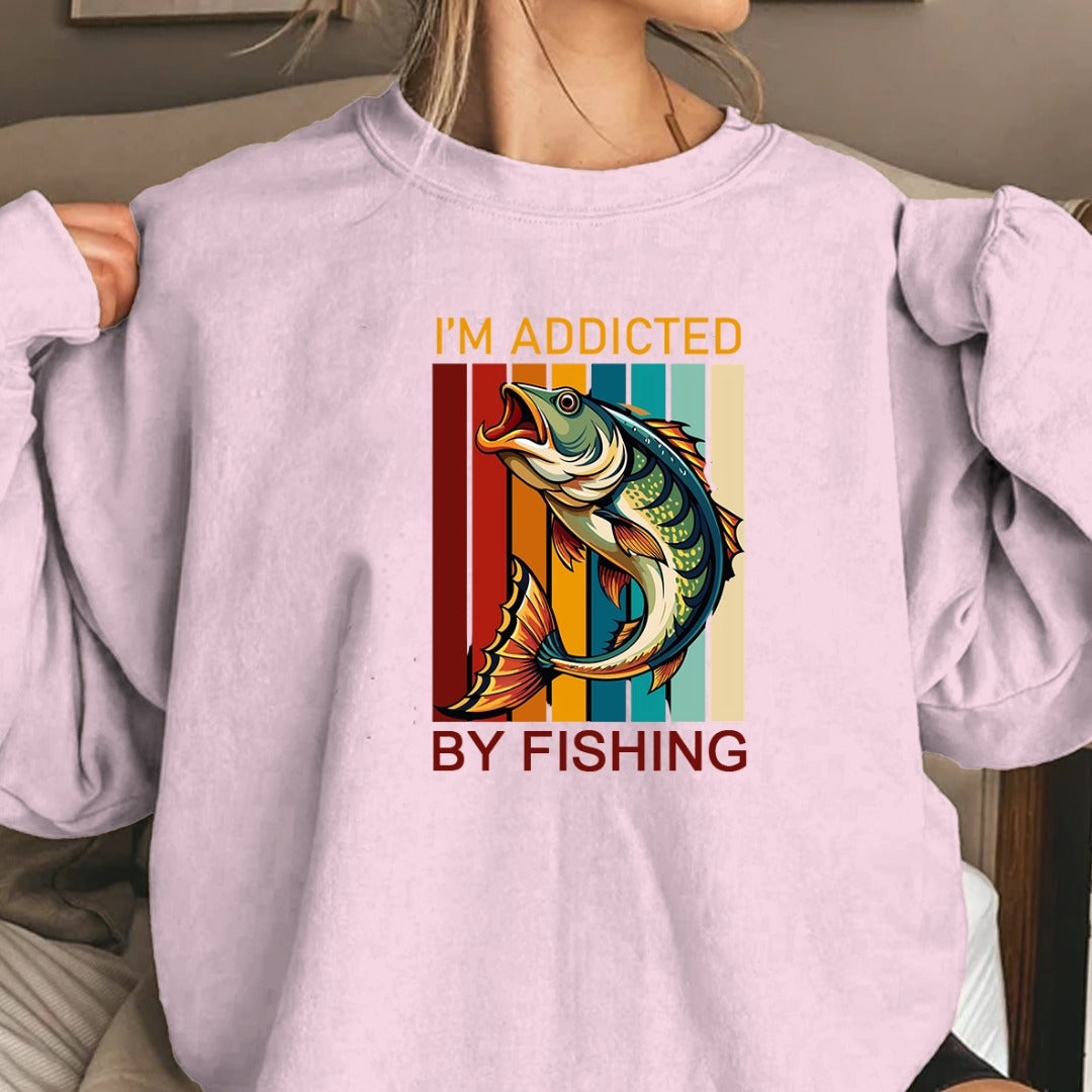I’m Addicted By Fishing Crewneck Sweatshirt, Retro Bass Design Pullover, Fisherman Gift, Outdoor Angler Apparel, Retro Fishing Crewneck