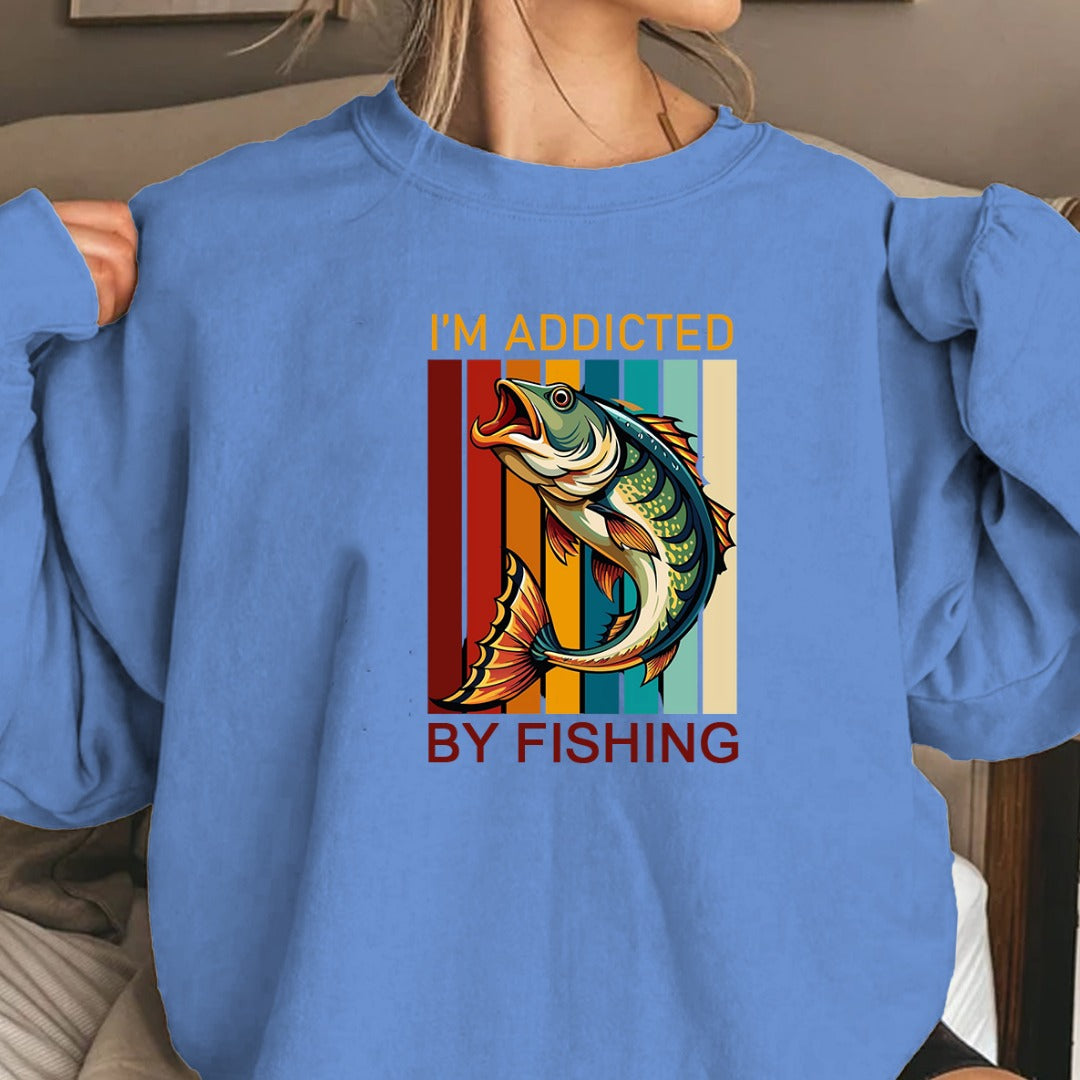 I’m Addicted By Fishing Crewneck Sweatshirt, Retro Bass Design Pullover, Fisherman Gift, Outdoor Angler Apparel, Retro Fishing Crewneck