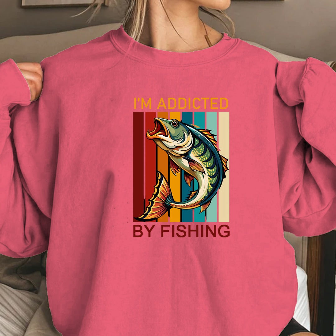 I’m Addicted By Fishing Crewneck Sweatshirt, Retro Bass Design Pullover, Fisherman Gift, Outdoor Angler Apparel, Retro Fishing Crewneck