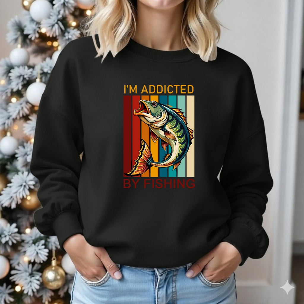 I’m Addicted By Fishing Crewneck Sweatshirt, Retro Bass Design Pullover, Fisherman Gift, Outdoor Angler Apparel, Retro Fishing Crewneck
