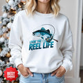 Livin' the Reel Life Fishing Crewneck Sweatshirt, Graphic Pullover for Anglers, Fisherman Gift, Retro Ocean Angler Apparel, Outdoor Fishing Crewneck
