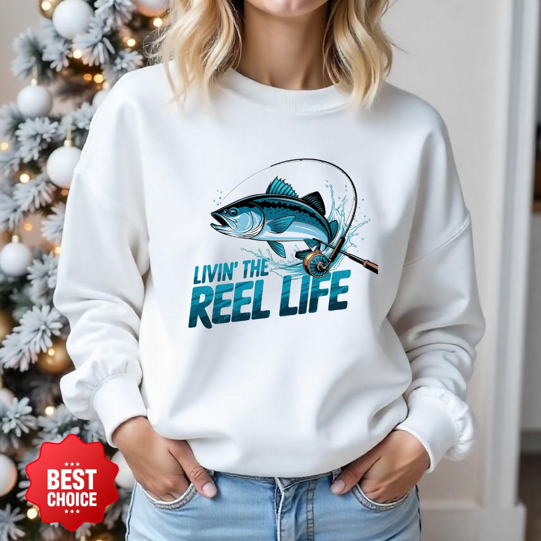 Livin' the Reel Life Fishing Crewneck Sweatshirt, Graphic Pullover for Anglers, Fisherman Gift, Retro Ocean Angler Apparel, Outdoor Fishing Crewneck