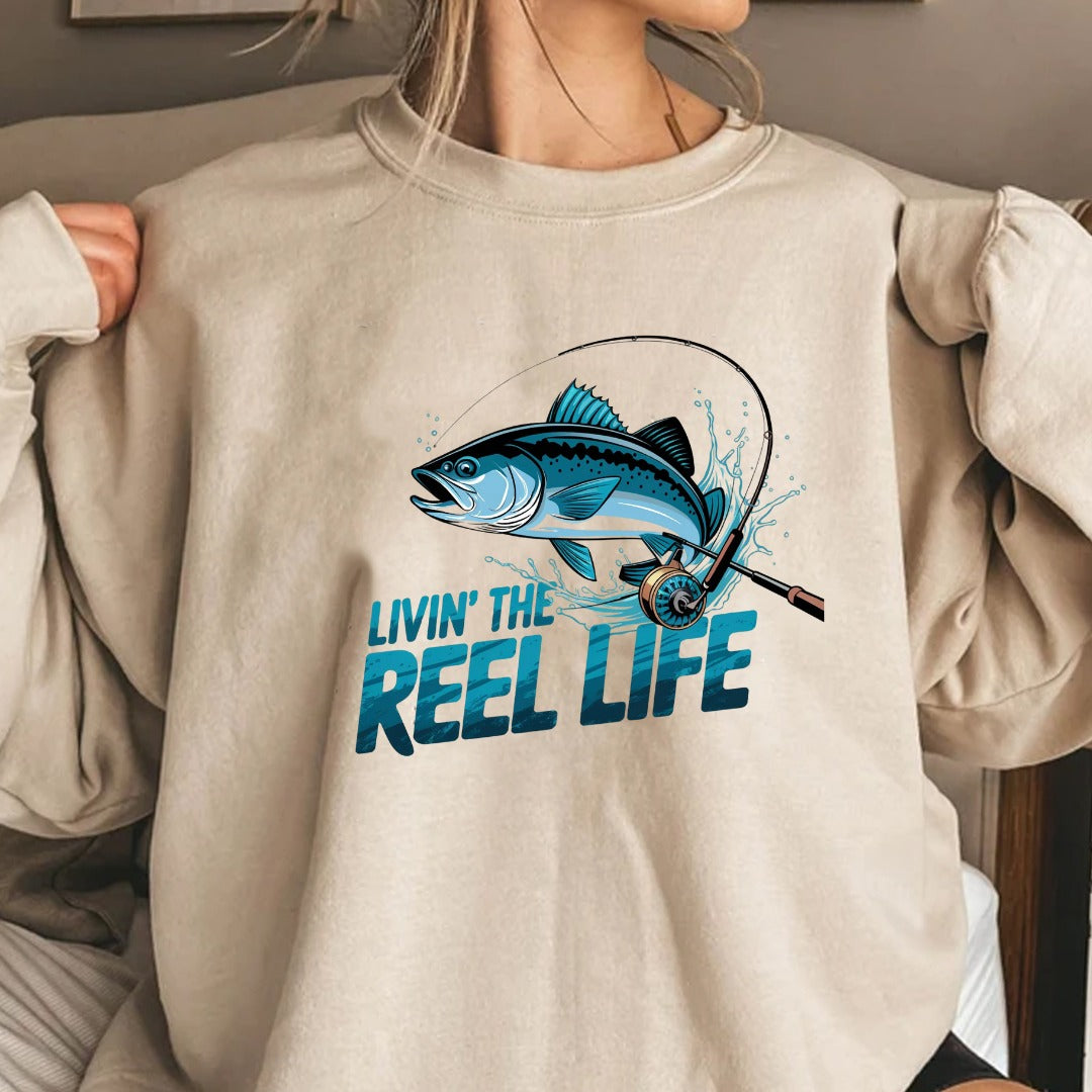 Livin' the Reel Life Fishing Crewneck Sweatshirt, Graphic Pullover for Anglers, Fisherman Gift, Retro Ocean Angler Apparel, Outdoor Fishing Crewneck