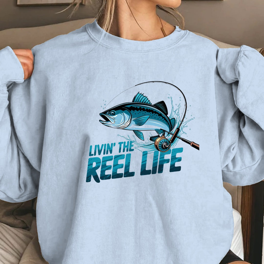 Livin' the Reel Life Fishing Crewneck Sweatshirt, Graphic Pullover for Anglers, Fisherman Gift, Retro Ocean Angler Apparel, Outdoor Fishing Crewneck