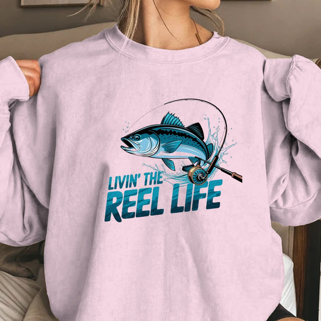 Livin' the Reel Life Fishing Crewneck Sweatshirt, Graphic Pullover for Anglers, Fisherman Gift, Retro Ocean Angler Apparel, Outdoor Fishing Crewneck