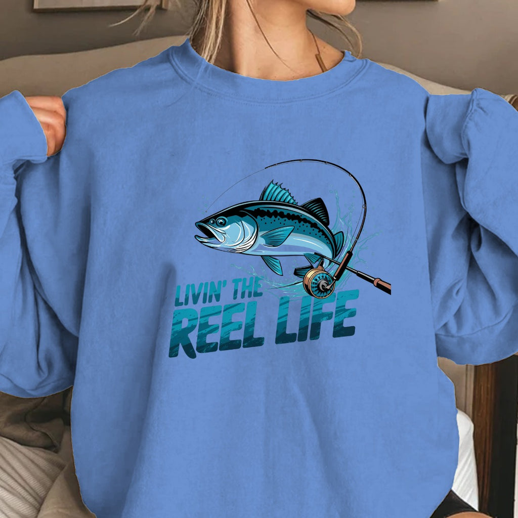 Livin' the Reel Life Fishing Crewneck Sweatshirt, Graphic Pullover for Anglers, Fisherman Gift, Retro Ocean Angler Apparel, Outdoor Fishing Crewneck