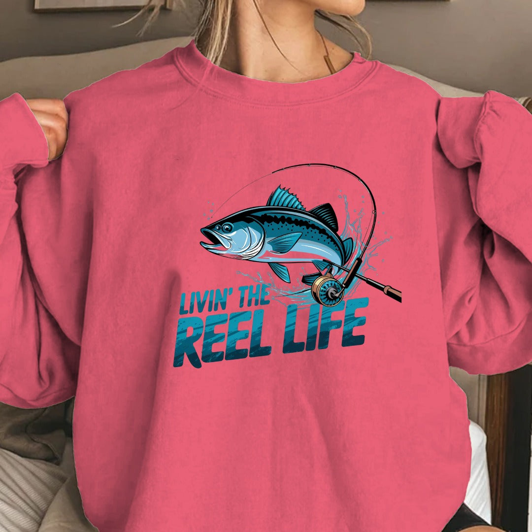 Livin' the Reel Life Fishing Crewneck Sweatshirt, Graphic Pullover for Anglers, Fisherman Gift, Retro Ocean Angler Apparel, Outdoor Fishing Crewneck