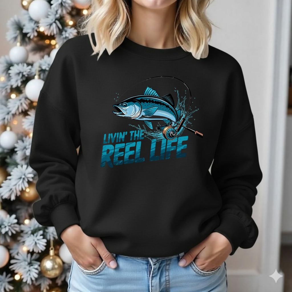 Livin' the Reel Life Fishing Crewneck Sweatshirt, Graphic Pullover for Anglers, Fisherman Gift, Retro Ocean Angler Apparel, Outdoor Fishing Crewneck